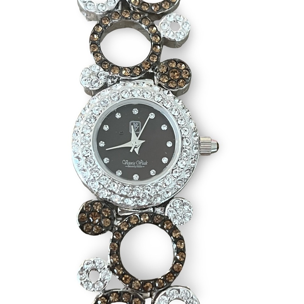 Victoria Wieck Women's Crystal Black Dial Gold Silver Rhinestone Bracelet Watch - Picture 2 of 9